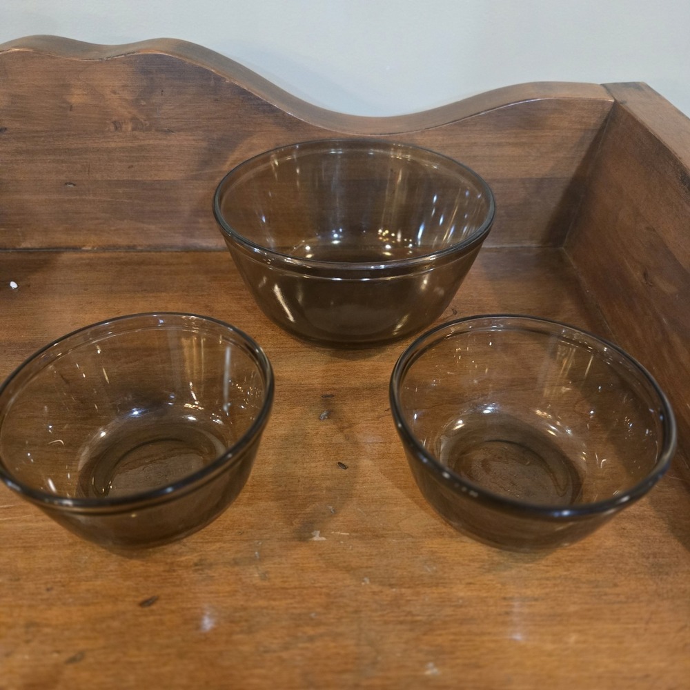 3 Brown Amber Glass Anchor Hocking Ovenware Mixing Nesting Bowls 1, 1, 2.5qt